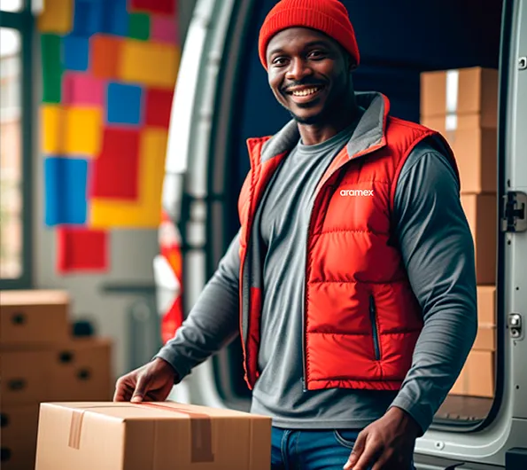 Delivery man wearing a custom-branded body warmer for Aramex.