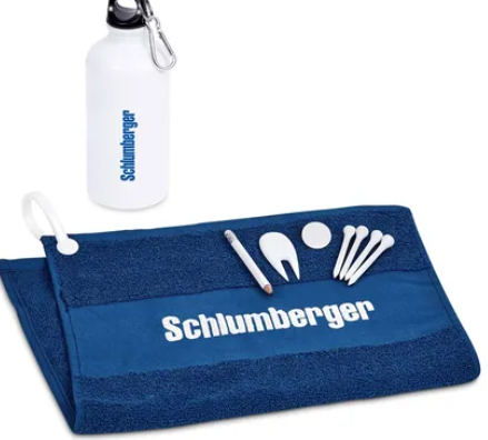 Branded corporate golf day gifts and prize items displayed