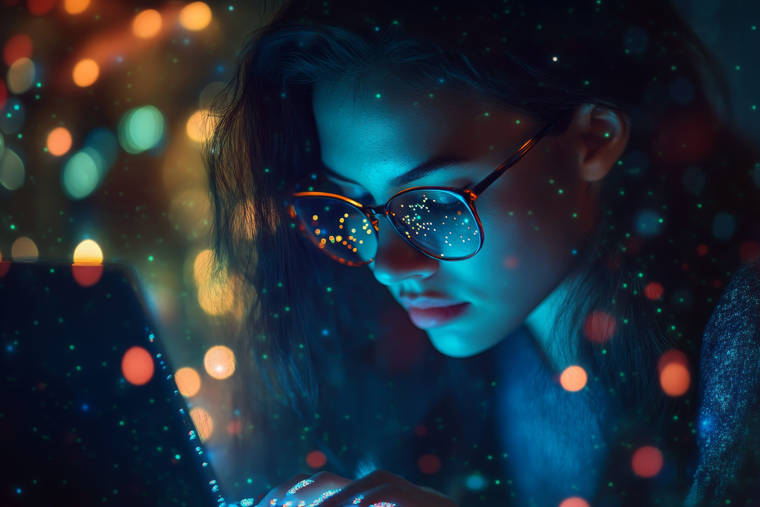 Close-up of a person wearing glasses and looking at a laptop screen, lit by blue light and surrounded by colorful glowing bokeh dots that create a futuristic digital atmosphere.