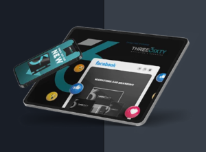 Stylized digital marketing graphic showing a tablet and smartphone displaying THREE6IXTY branding, social media interface elements, and floating reaction icons against a dark split-tone background.