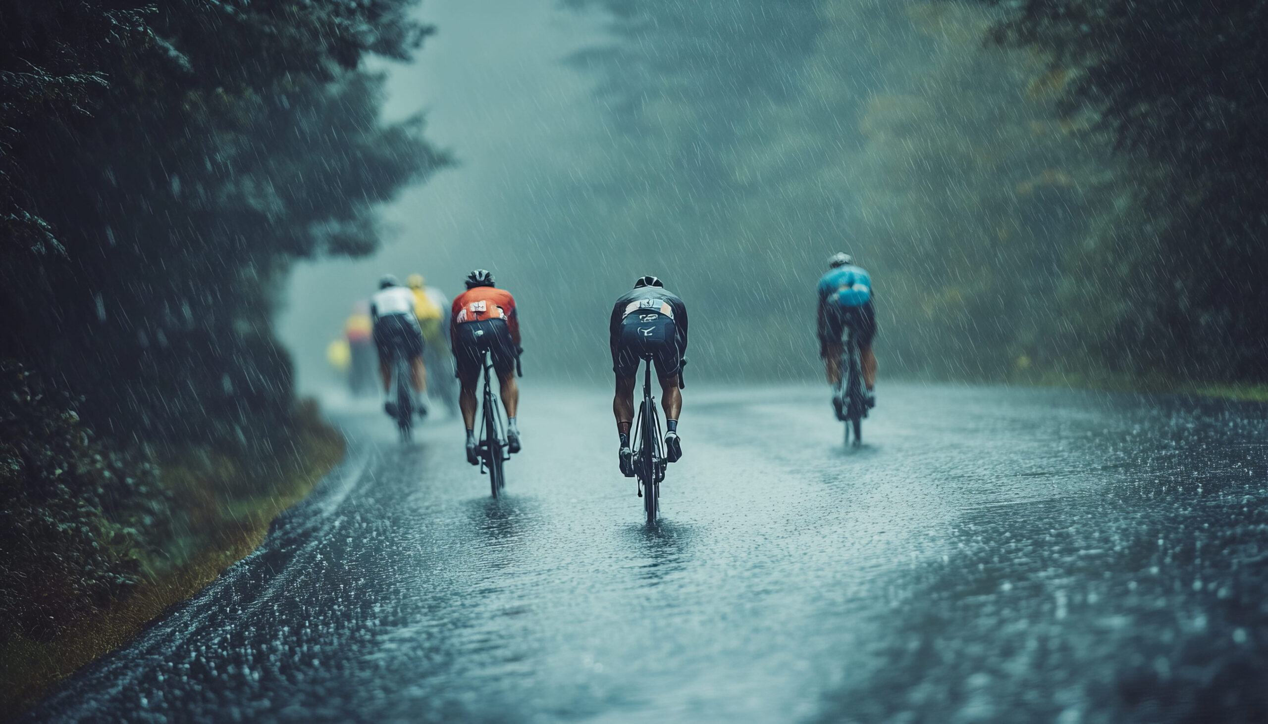 Rear view of several cyclists riding on a rain-soaked road through a forest, with heavy rain falling and reflections shimmering on the wet pavement.