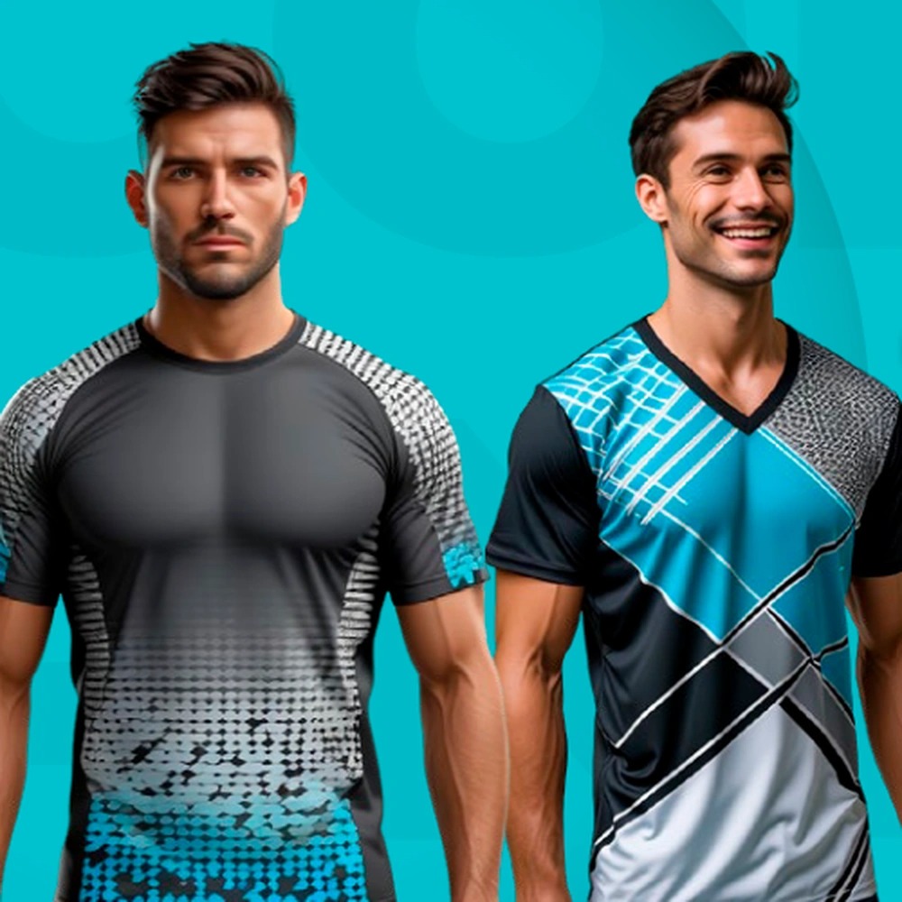 Two men modeling athletic performance shirts in black, gray, white, and bright blue against a turquoise background, one in a fitted gradient design and the other in a geometric patterned V-neck shirt.
