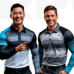 Two men smiling and modeling long-sleeve collared performance shirts in gray, black, white, and bright blue with horizontal stripe patterns, shown against a light gray background.