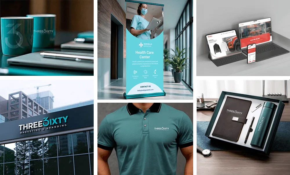 Collage of THREE6IXTY branding work showing teal mugs, a healthcare roll-up banner, responsive website designs on digital devices, storefront signage, a branded polo shirt, and a boxed corporate gift set.