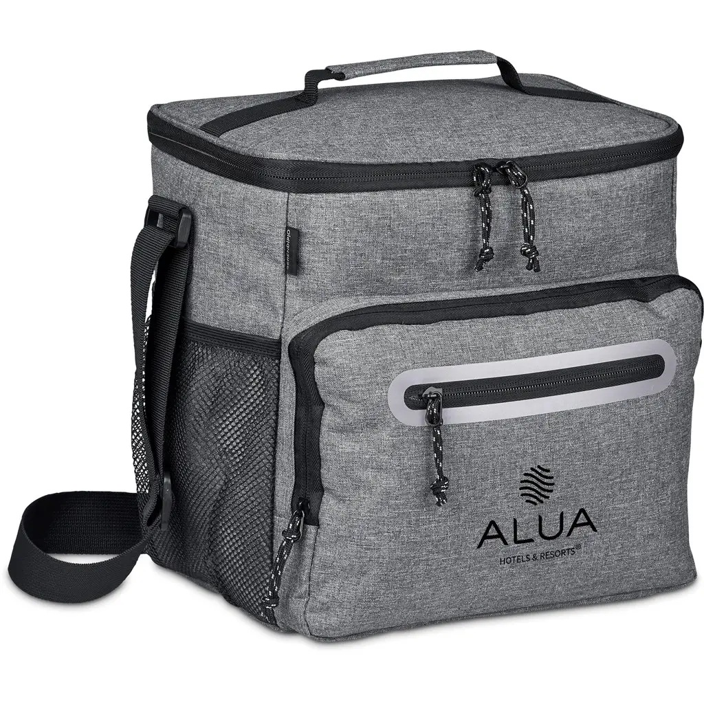 Gray insulated cooler bag with black trim, shoulder strap, mesh side pocket, and zippered front pocket, branded with the ALUA Hotels & Resorts logo.