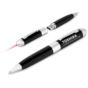 Black and silver multifunction pen shown in three views, featuring a ballpoint tip, a built-in red laser pointer, and a USB flash drive hidden under the cap, branded with the text “TOSHIBA Leading Innovation.