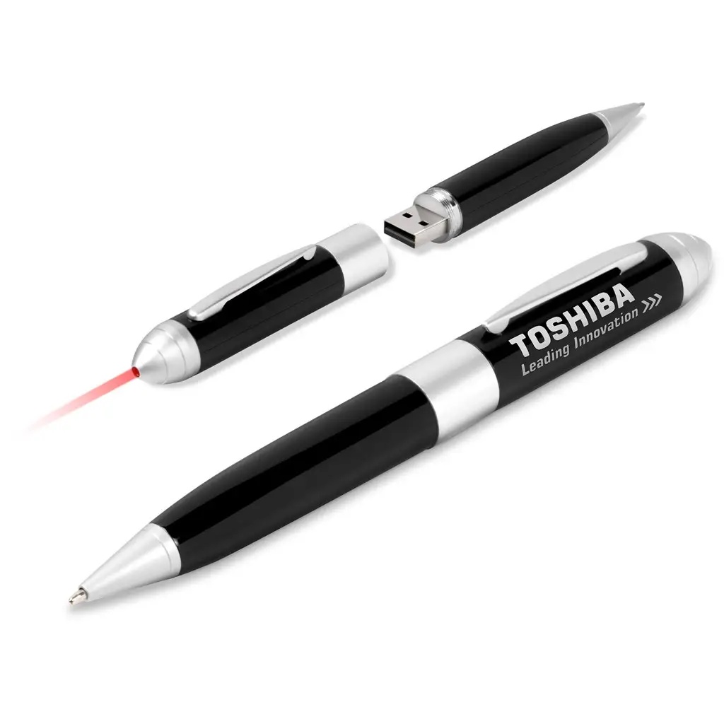 Black and silver multifunction pen shown in three views, featuring a ballpoint tip, a built-in red laser pointer, and a USB flash drive hidden under the cap, branded with the text “TOSHIBA Leading Innovation.