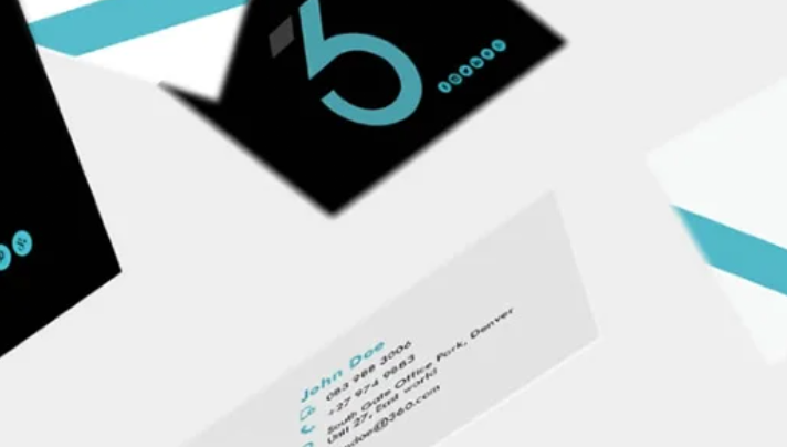 A modern Three6ixty business card design concept featuring black, white, and teal branding elements, with clean contact details, bold graphic styling, and a polished corporate identity look for professional marketing and branding materials.