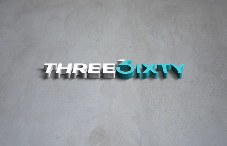 **Alt text:** 3D “THREE SIXTY” logo in white and teal lettering mounted on a textured gray wall, representing a modern brand identity.