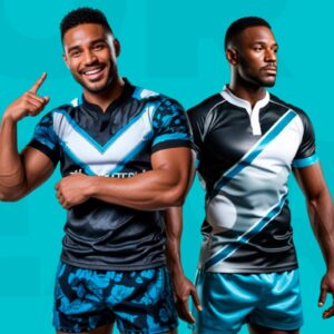 **Alt text:** Two male athletes wearing modern black and teal sports jerseys and shorts, posing against a bright teal background, showcasing athletic apparel design and fit.