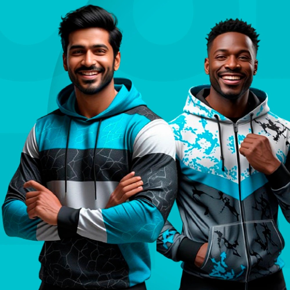 **Alt text:** Two smiling men wearing modern teal, black, and gray hoodies, standing side by side against a teal background, showcasing sporty, stylish apparel.