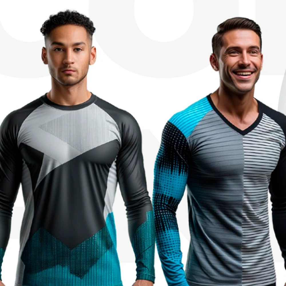**Alt text:** Two athletic men wearing fitted long-sleeve performance shirts in black, gray, and teal tones, standing side by side against a light background—one with a serious expression and the other smiling—showcasing modern activewear design.