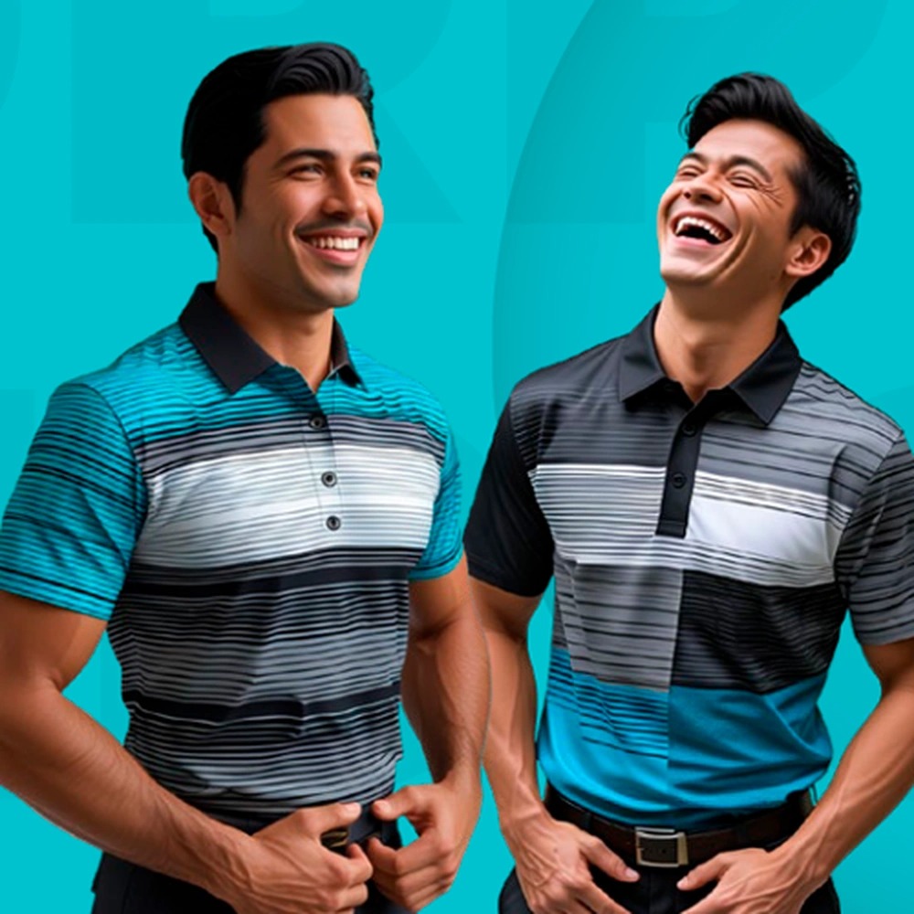 **Alt text:** Two men smiling and posing in modern striped polo shirts in teal, black, and gray tones, set against a solid teal background, showcasing a stylish and athletic look.