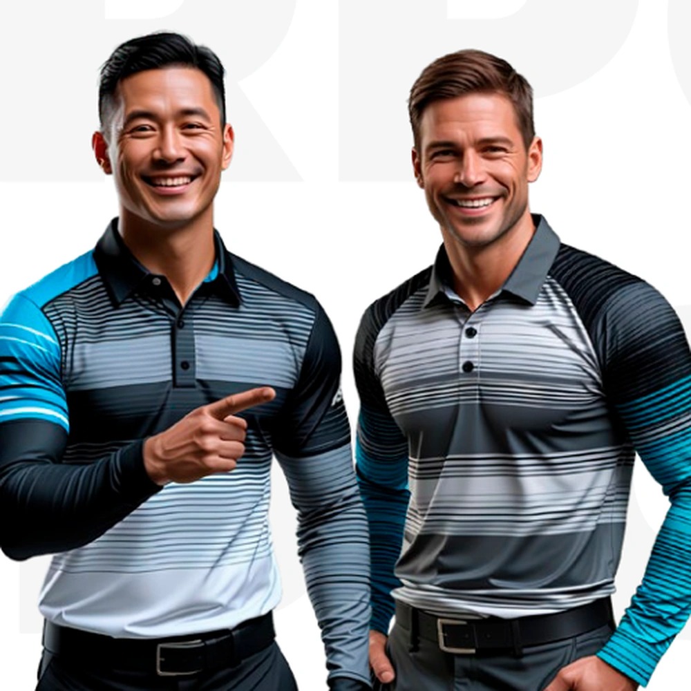 **Alt text:** Two smiling men wearing modern striped polo shirts in black, gray, and teal tones, standing side by side against a clean light background, showcasing smart-casual athletic apparel.