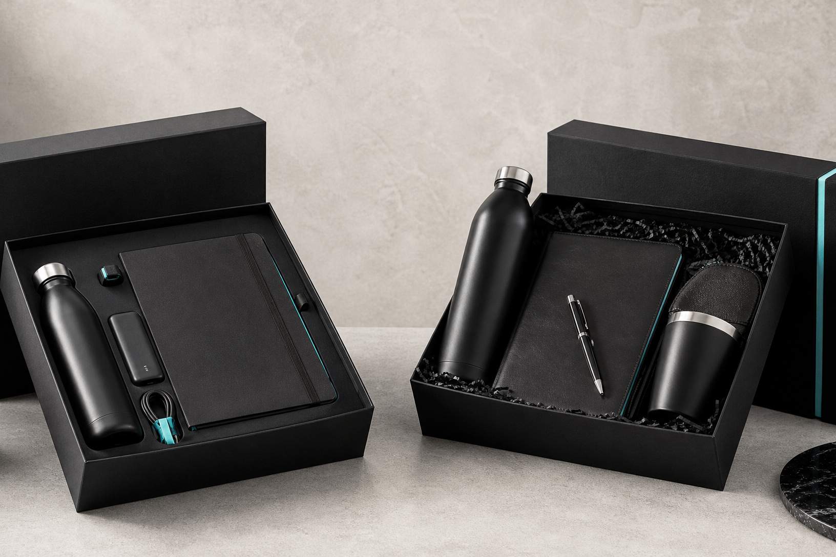 Open black branded gift box with teal accents, practical contents and a clean presentation insert.